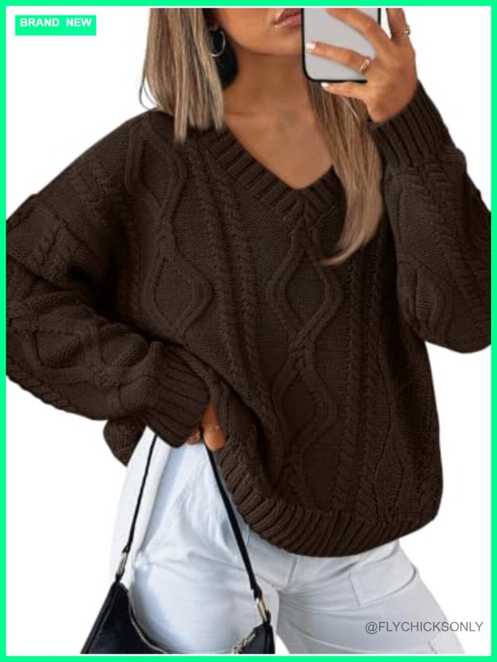 Womens V Neck Cable Knit Oversized Pullover Sweater Cotton Acrylic Fall